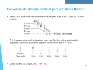 36
Conversão do Sistema Decimal para o Sistema Binário
• Neste caso, será efetuado sucessivas divisões pelo algarismo 2, base do sistema
binário.
• O último quociente será o algarismo mais significativo e ficará colocado à
esquerda. Os outros algarismos seguem-se na ordem até o 1º resto:
• Como mostra o exemplo, 4710 = 1011112.
 