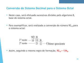 Conversão do Sistema Decimal para o Sistema Octal
• Neste caso, será efetuado sucessivas divisões pelo algarismo 8,
base do sistema octal.
• Para exemplificar, será realizada a conversão do número 9210 para
o sistema octal:
• Assim, seguindo a mesma regra de formação, 9210 = 1348.
40
 