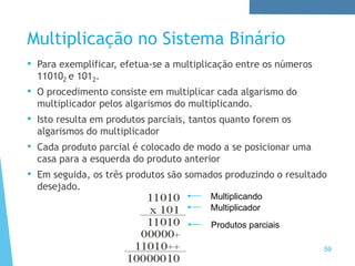 Multiplicação no Sistema Binário
• Para exemplificar, efetua-se a multiplicação entre os números
110102 e 1012.
• O procedimento consiste em multiplicar cada algarismo do
multiplicador pelos algarismos do multiplicando.
• Isto resulta em produtos parciais, tantos quanto forem os
algarismos do multiplicador
• Cada produto parcial é colocado de modo a se posicionar uma
casa para a esquerda do produto anterior
• Em seguida, os três produtos são somados produzindo o resultado
desejado.
59
Multiplicando
Multiplicador
Produtos parciais
 
