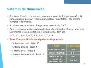 Sistemas de Numeração
• O sistema binário, por sua vez, apresenta somente 2 algarismos (0 e 1),
com os quais é possível representar qualquer quantidade, até mesmo
números fracionários.
• No sistema octal existem 8 algarismos que vão de 0 a 7.
• Para representar o sistema hexadecimal são utilizados 10 algarismos e as
6 primeiras letras do alfabeto e, desta forma, tem-se:
— 0, 1, 2, 3, 4, 5, 6, 7, 8, 9, A, B, C, D, E, F.
• Base: É a quantidade de algarismos disponíveis
—Sistema decimal – Base 10
—Sistema binário – Base 2
—Sistema octal – Base 8
—Sistema hexadecimal – Base 16
5
 