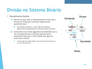 Divisão no Sistema Binário
• Procedimento binário
1) Verifica-se que valor é suficientemente maior que o
divisor, de modo que o primeiro algarismo do
quociente seja 1
a) No exemplo utilizado, o valor 100 três primeiros
algarismos da esquerda para a direita) é igual ao divisor
2) Acrescenta-se ao resto algarismos do dividendo (um a
um da esquerda para a direita) quantos forem
necessários para que o valor obtido seja igual ou
maior que o divisor
1) A Cada algarismo selecionado e não suficiente acrescenta-se
um zero ao quociente.
63
Dividendo
Divisor
Quociente
100101 100
Resto
1
100
01
0
0
0
1
1
100
1
 