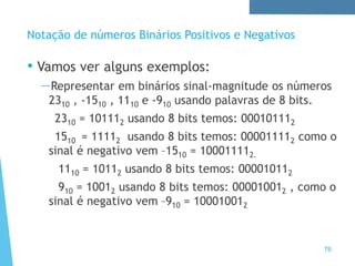76
Notação de números Binários Positivos e Negativos
• Vamos ver alguns exemplos:
—Representar em binários sinal-magnitude os números
2310 , -1510 , 1110 e -910 usando palavras de 8 bits.
2310 = 101112 usando 8 bits temos: 000101112
1510 = 11112 usando 8 bits temos: 000011112 como o
sinal é negativo vem –1510 = 100011112.
1110 = 10112 usando 8 bits temos: 000010112
910 = 10012 usando 8 bits temos: 000010012 , como o
sinal é negativo vem –910 = 100010012
 