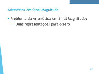 Aritmética em Sinal Magnitude
• Problema da Aritmética em Sinal Magnitude:
— Duas representações para o zero
87
 