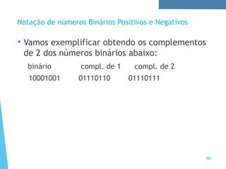 90
Notação de números Binários Positivos e Negativos
• Vamos exemplificar obtendo os complementos
de 2 dos números binários abaixo:
binário compl. de 1 compl. de 2
10001001 01110110 01110111
 
