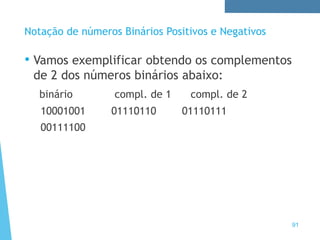 91
Notação de números Binários Positivos e Negativos
• Vamos exemplificar obtendo os complementos
de 2 dos números binários abaixo:
binário compl. de 1 compl. de 2
10001001 01110110 01110111
00111100
 