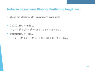Notação de números Binários Positivos e Negativos
• Valor em decimal de um número com sinal
• 010101102 = +8610
—26
+ 24
+ 22
+ 21
= 64 + 16 + 4 + 2 = 8610
• 101010102 = −8610
—−27
+ 25
+ 23
+ 21
= −128 + 32 + 8 + 2 = −8610
100
 