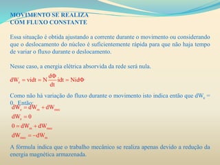 MOVIMENTO SE REALIZA
COM FLUXO CONSTANTE
Essa situação é obtida ajustando a corrente durante o movimento ou considerando
que o deslocamento do núcleo é suficientemente rápida para que não haja tempo
de variar o fluxo durante o deslocamento.
Nesse caso, a energia elétrica absorvida da rede será nula.
Como não há variação do fluxo durante o movimento isto indica então que dWe =
0. Então:
A fórmula indica que o trabalho mecânico se realiza apenas devido a redução da
energia magnética armazenada.
e
d
dW vidt N idt Nid
dt

   
e m mec
e
m mec
mec m
dW dW dW
dW 0
0 dW dW
dW dW
 

 
 
 