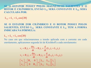 SE O ESTATOR POSSUI POLOS MAGNÉTICOS SALIENTES E O
ROTOR É CILÍNDRICO, ENTÃO L11 SERÁ CONSTANTE E L22 SERÁ
CALCULADA POR:
SE O ESTATOR FOR CILÍNDRICO E O ROTOR POSSUI POLOS
SALIENTES, ENTÃO L22 SERÁ CONSTANTE E L11 TEM A FORMA
INDICADA NA FÓRMULA:
No caso em que relacionaremos a tensão aplicada com a corrente em cada
enrolamento, aplicaremos segunda lei de Kirchhoff a cada enrolamento:
 22 c dL L L cos 2  
 11 a bL L L cos 2  
1
1 1 1 1 1 11 1 12 2
2
2 2 2 2 2 21 2 22 2
1 1 11 12 1
2 2 21 22 2
d d
v R i R i (L i L i )
dt dt
d d
v R i R i (L i L i )
dt dt
v R 0 L L i
v 0 R L L i

    

    
       
        
       
 