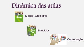 Dinâmica das aulas
Lições / Gramática
Exercícios
Conversação
 