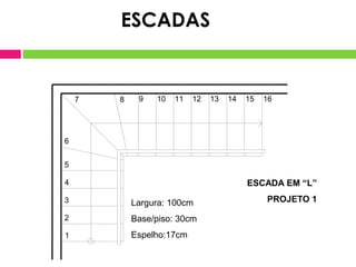 ESCADAS


    7   8    9   10   11   12   13   14   15   16




6


5

4                                         ESCADA EM “L”
3           Largura: 100cm                     PROJETO 1

2           Base/piso: 30cm
1           Espelho:17cm
 