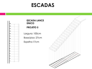 ESCADA LANCE
ÚNICO
PROJETO 5
Largura: 100cm
Base/piso: 27cm
Espelho:17cm
1
2
3
10
7
8
9
11
12
13
14
15
16
4
5
6
ESCADAS
 