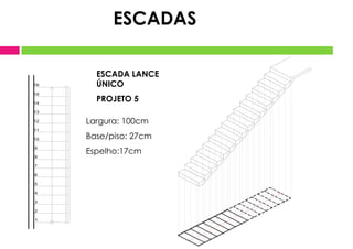 ESCADA LANCE
ÚNICO
PROJETO 5
Largura: 100cm
Base/piso: 27cm
Espelho:17cm
1
2
3
10
7
8
9
11
12
13
14
15
16
4
5
6
ESCADAS
 