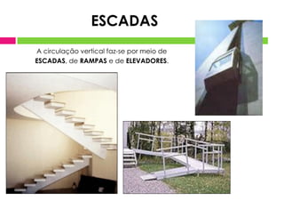 A circulação vertical faz-se por meio de
ESCADAS, de RAMPAS e de ELEVADORES.
ESCADAS
 