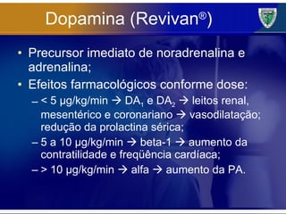 Dopamina (Revivan ® ) Precursor imediato de noradrenalina e adrenalina; Efeitos farmacológicos conforme dose: < 5 µg/kg/min    DA 1  e DA 2     leitos renal, mesentérico e coronariano    vasodilatação; redução da prolactina sérica; 5 a 10 µg/kg/min    beta-1    aumento da contratilidade e freqüência cardíaca; > 10 µg/kg/min    alfa    aumento da PA. 