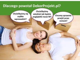 Dlaczego powstał DekorProjekt.pl?
                           Chcielibyśmy
     Chcielibyśmy się   wiedzied jak będzie
          szybko                              Chcemy sprawnie
                        wyglądało nasze M?
      wprowadzid?                               przejśd przez
                                                  remont?




                                                                2
 
