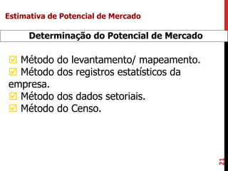 21
Determinação do Potencial de Mercado
 Método do levantamento/ mapeamento.
 Método dos registros estatísticos da
empresa.
 Método dos dados setoriais.
 Método do Censo.
Estimativa de Potencial de Mercado
 