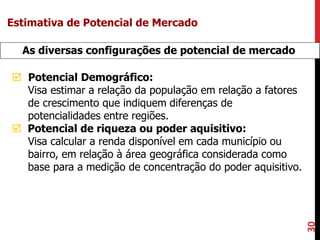 30
As diversas configurações de potencial de mercado
 Potencial Demográfico:
Visa estimar a relação da população em relação a fatores
de crescimento que indiquem diferenças de
potencialidades entre regiões.
 Potencial de riqueza ou poder aquisitivo:
Visa calcular a renda disponível em cada município ou
bairro, em relação à área geográfica considerada como
base para a medição de concentração do poder aquisitivo.
Estimativa de Potencial de Mercado
 