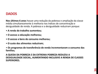 DADOS
Nos últimos 6 anos houve uma redução da pobreza e ampliação da classe
média simultaneamente à melhoria nos índices de concentração e
desigualdade de renda. A pobreza e a desigualdade reduziram porque:
• A renda do trabalho aumentou;
• O acesso a educação melhorou;
• O acesso a bens de consumo melhorou;
• O custo dos alimentos reduziram;
• Os programas de transferência de renda incrementaram o consumo das
famílias;
A QUEDA DA POBREZA E DA EXTREMA POBREZA REDUZIU A
DESIGUALDADE SOCIAL, AUMENTANDO INCLUSIVE A RENDA DE CLASSES
SUPERIORES.
36
 