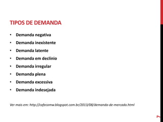 TIPOS DE DEMANDA
• Demanda negativa
• Demanda inexistente
• Demanda latente
• Demanda em declínio
• Demanda irregular
• Demanda plena
• Demanda excessiva
• Demanda indesejada
Ver mais em: http://cafecomw.blogspot.com.br/2013/08/demanda-de-mercado.html
7
 