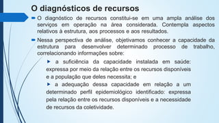 O diagnósticos de recursos
 O diagnóstico de recursos constitui-se em uma ampla análise dos
serviços em operação na área considerada. Contempla aspectos
relativos à estrutura, aos processos e aos resultados.
 Nessa perspectiva de análise, objetivamos conhecer a capacidade da
estrutura para desenvolver determinado processo de trabalho,
correlacionando informações sobre:
⯈ a suficiência da capacidade instalada em saúde:
expressa por meio da relação entre os recursos disponíveis
e a população que deles necessita; e
⯈ a adequação dessa capacidade em relação a um
determinado perfil epidemiológico identificado: expressa
pela relação entre os recursos disponíveis e a necessidade
de recursos da coletividade.
 