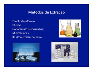 Métodos	
  de	
  Extração	
  
•  Fenol	
  /	
  clorofórmio;	
  
•  Chelex;	
  
•  IsoJocianato	
  de	
  Guanidina;	
  
•  Minicolumnas	
  ;	
  
•  Kits	
  Comerciais	
  com	
  sílica;	
  
	
  
	
  
	
  
	
  
 