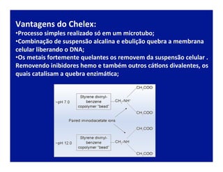 Vantagens	
  do	
  Chelex:	
  
• Processo	
  simples	
  realizado	
  só	
  em	
  um	
  microtubo;	
  
• Combinação	
  de	
  suspensão	
  alcalina	
  e	
  ebulição	
  quebra	
  a	
  membrana	
  
celular	
  liberando	
  o	
  DNA;	
  
• Os	
  metais	
  fortemente	
  quelantes	
  os	
  removem	
  da	
  suspensão	
  celular	
  .	
  
Removendo	
  inibidores	
  hemo	
  e	
  também	
  outros	
  cá2ons	
  divalentes,	
  os	
  
quais	
  catalisam	
  a	
  quebra	
  enzimá2ca;
 