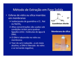Método	
  de	
  Extração	
  em	
  Fase	
  Solida	
  
•  Esferas	
  de	
  vidro	
  ou	
  sílica	
  inseridas	
  
em	
  membranas	
  
Ø IsoJocianato	
  de	
  guanidina	
  e	
  Cl-­‐,	
  	
  NaI	
  
ou	
  NaClO4	
  
Ø Altas	
  concentrações	
  são	
  usadas	
  sob	
  
condições	
  ácidas	
  para	
  quebrar	
  
ligações	
  entre	
  	
  moléculas	
  de	
  água	
  &	
  
DNA;	
  
Ø O	
  DNA	
  é	
  absorvido	
  no	
  vidro	
  ou	
  
membrana;	
  	
  
Ø Teor	
  do	
  sal	
  é	
  reduzido	
  ,	
  e	
  em	
  meio	
  
alcalino,	
  o	
  DNA	
  é	
  liberado	
  	
  do	
  vidro	
  	
  
e	
  se	
  tornando	
  negaJvo;	
  
Membrana	
  de	
  sílica	
  
 