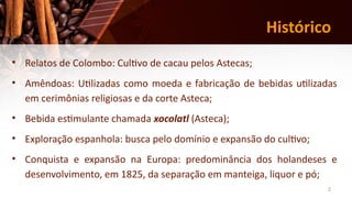 2
Histórico
• Relatos de Colombo: Cultivo de cacau pelos Astecas;
• Amêndoas: Utilizadas como moeda e fabricação de bebidas utilizadas
em cerimônias religiosas e da corte Asteca;
• Bebida estimulante chamada xocolatl (Asteca);
• Exploração espanhola: busca pelo domínio e expansão do cultivo;
• Conquista e expansão na Europa: predominância dos holandeses e
desenvolvimento, em 1825, da separação em manteiga, liquor e pó;
 
