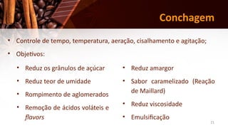 21
Conchagem
• Controle de tempo, temperatura, aeração, cisalhamento e agitação;
• Objetivos:
• Reduz os grânulos de açúcar
• Reduz teor de umidade
• Rompimento de aglomerados
• Remoção de ácidos voláteis e
flavors
• Reduz amargor
• Sabor caramelizado (Reação
de Maillard)
• Reduz viscosidade
• Emulsificação
 