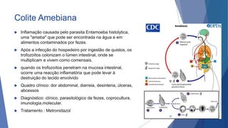Colite Amebiana
 Inflamação causada pelo parasita Entamoeba histolytica,
uma "ameba" que pode ser encontrada na água e em
alimentos contaminados por fezes.
 Após a infecção do hospedeiro por ingestão de quistos, os
trofozoítos colonizam o lúmen intestinal, onde se
multiplicam e vivem como comensais.
 quando os trofozoítos penetram na mucosa intestinal,
ocorre uma reacção inflamatória que pode levar à
destruição do tecido envolvido
 Quadro clínico: dor abdominal, diarreia, desinteria, úlceras,
abcessos
 Diagnóstico: clínico, parasitológico de fezes, coprocultura,
imunologia,molecular.
 Tratamento : Metronidazol
50
 
