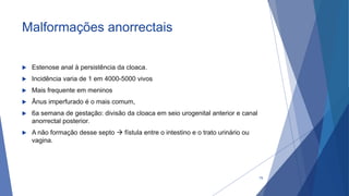 Malformações anorrectais
 Estenose anal à persistência da cloaca.
 Incidência varia de 1 em 4000-5000 vivos
 Mais frequente em meninos
 Ânus imperfurado é o mais comum,
 6a semana de gestação: divisão da cloaca em seio urogenital anterior e canal
anorrectal posterior.
 A não formação desse septo  fístula entre o intestino e o trato urinário ou
vagina.
79
 