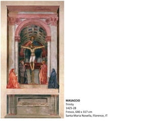MASACCIO
Trinity
1425-28
Fresco, 640 x 317 cm
Santa Maria Novella, Florence, IT
 