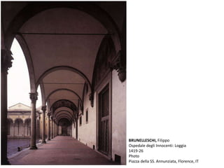 BRUNELLESCHI, Filippo
Ospedale degli Innocenti: Loggia
1419-26
Photo
Piazza della SS. Annunziata, Florence, IT
 