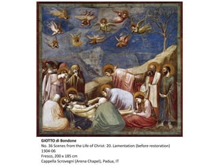 GIOTTO di Bondone
No. 36 Scenes from the Life of Christ: 20. Lamentation (before restoration)
1304-06
Fresco, 200 x 185 cm
Cappella Scrovegni (Arena Chapel), Padua, IT
 