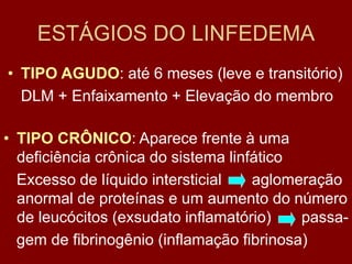 ESTÁGIOS DO LINFEDEMA
• TIPO AGUDO: até 6 meses (leve e transitório)
DLM + Enfaixamento + Elevação do membro
• TIPO CRÔNICO: Aparece frente à uma
deficiência crônica do sistema linfático
Excesso de líquido intersticial aglomeração
anormal de proteínas e um aumento do número
de leucócitos (exsudato inflamatório) passa-
gem de fibrinogênio (inflamação fibrinosa)
 