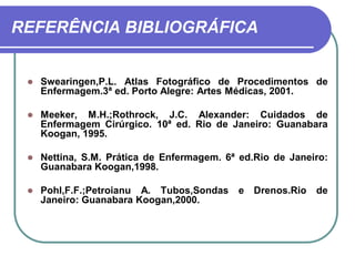 REFERÊNCIA BIBLIOGRÁFICA


    Swearingen,P.L. Atlas Fotográfico de Procedimentos de
     Enfermagem.3ª ed. Porto Alegre: Artes Médicas, 2001.

    Meeker, M.H.;Rothrock, J.C. Alexander: Cuidados de
     Enfermagem Cirúrgico. 10ª ed. Rio de Janeiro: Guanabara
     Koogan, 1995.

    Nettina, S.M. Prática de Enfermagem. 6ª ed.Rio de Janeiro:
     Guanabara Koogan,1998.

    Pohl,F.F.;Petroianu A. Tubos,Sondas    e Drenos.Rio    de
     Janeiro: Guanabara Koogan,2000.
 