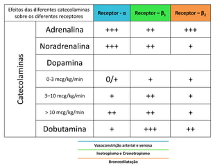 Efeitos das diferentes catecolaminas
sobre os diferentes receptores
Receptor - α Receptor – β1 Receptor – β2
Catecolaminas
Adrenalina +++ ++ +++
Noradrenalina +++ ++ +
Dopamina
0-3 mcg/kg/min 0/+ + +
3–10 mcg/kg/min + ++ +
> 10 mcg/kg/min ++ ++ +
Dobutamina + +++ ++
Vasoconstrição arterial e venosa
Inotropismo e Cronotropismo
Broncodilatação
 