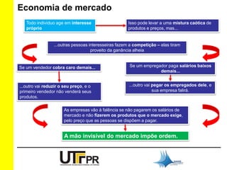 Economia de mercado 
Todo indivíduo age em interesse 
próprio 
Isso pode levar a uma mistura caótica de 
produtos e preços, mas... 
...outras pessoas interesseiras fazem a competição – elas tiram 
proveito da ganância alheia 
Se um vendedor cobra caro demais... 
...outro vai reduzir o seu preço, e o 
primeiro vendedor não venderá seus 
produtos. 
Se um empregador paga salários baixos 
demais... 
...outro vai pegar os empregados dele, e 
sua empresa falirá. 
As empresas vão à falência se não pagarem os salários de 
mercado e não fizerem os produtos que o mercado exige, 
pelo preço que as pessoas se dispõem a pagar. 
A mão invisível do mercado impõe ordem. 
 