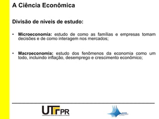A Ciência Econômica 
Divisão de níveis de estudo: 
• Microeconomia: estudo de como as famílias e empresas tomam 
decisões e de como interagem nos mercados; 
• Macroeconomia: estudo dos fenômenos da economia como um 
todo, incluindo inflação, desemprego e crescimento econômico; 
 