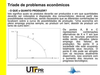 Tríade de problemas econômicos 
- O QUE e QUANTO PRODUZIR? 
Isto significa quais os produtos deverão ser produzidos e em que quantidades 
deverão ser colocados à disposição dos consumidores; deve-se partir das 
possibilidades econômicas, sendo necessário que as diferentes combinações se 
localizem sobre a curva de possibilidades de produção. “Uma economia em 
pleno emprego precisa sempre, ao produzir um bem, desistir de produzir um 
tanto de outro bem”; 
Os pontos A, B e C 
representam combinações 
alternativas de X e Y em que 
todos os recursos produtivos 
estão sendo utilizados (pleno 
emprego dos fatores de 
produção). No ponto D a 
sociedade não está ocupando 
totalmente seus recursos. O 
ponto E não pode ser atingido 
com os recursos atualmente 
disponíveis, isso ocorrerá com 
o aumento dos recursos ou 
progresso tecnológico; 
 