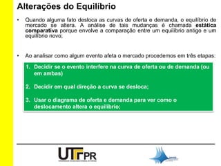 Alterações do Equilíbrio 
• Quando alguma fato desloca as curvas de oferta e demanda, o equilíbrio de 
mercado se altera. A análise de tais mudanças é chamada estática 
comparativa porque envolve a comparação entre um equilíbrio antigo e um 
equilíbrio novo; 
• Ao analisar como algum evento afeta o mercado procedemos em três etapas: 
1. Decidir se o evento interfere na curva de oferta ou de demanda (ou 
em ambas) 
2. Decidir em qual direção a curva se desloca; 
3. Usar o diagrama de oferta e demanda para ver como o 
deslocamento altera o equilíbrio; 
 