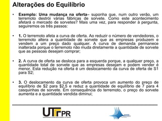 Alterações do Equilíbrio 
• Exemplo: Uma mudança na oferta– suponha que, num outro verão, um 
terremoto destrói várias fábricas de sorvete. Como este acontecimento 
afetará o mercado de sorvetes? Mais uma vez, para responder à pergunta, 
seguiremos os três passos: 
• 1. O terremoto afeta a curva de oferta. Ao reduzir o número de vendedores, o 
terremoto altera a quantidade de sorvete que as empresas produzem e 
vendem a um preço dado qualquer. A curva de demanda permanece 
inalterada porque o terremoto não muda diretamente a quantidade de sorvete 
que as pessoas desejam comprar; 
• 2. A curva de oferta se desloca para a esquerda porque, a qualquer preço, a 
quantidade total de sorvete que as empresas desejam e podem vender é 
menor. Esta redução na oferta é um deslocamento da curva de oferta de S1 
para S2; 
• 3. O deslocamento da curva de oferta provoca um aumento do preço de 
equilíbrio de $2 para $2,5 e reduz a quantidade de equilíbrio de 7 para 4 
casquinhas de sorvete. Em consequência do terremoto, o preço do sorvete 
aumenta e a quantidade vendida diminui; 
 