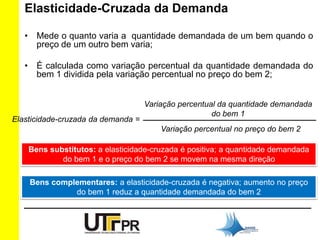 Elasticidade-Cruzada da Demanda 
• Mede o quanto varia a quantidade demandada de um bem quando o 
preço de um outro bem varia; 
• É calculada como variação percentual da quantidade demandada do 
bem 1 dividida pela variação percentual no preço do bem 2; 
Elasticidade-cruzada da demanda = 
Variação percentual da quantidade demandada 
do bem 1 
_______________________________________ 
Variação percentual no preço do bem 2 
Bens substitutos: a elasticidade-cruzada é positiva; a quantidade demandada 
do bem 1 e o preço do bem 2 se movem na mesma direção 
Bens complementares: a elasticidade-cruzada é negativa; aumento no preço 
do bem 1 reduz a quantidade demandada do bem 2 
 