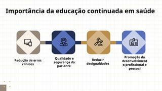 Importância da educação continuada em saúde
Redução de erros
clínicos
Qualidade e
segurança do
paciente
Reduzir
desigualdades
Promoção do
desenvolviment
o profissional e
pessoal
 