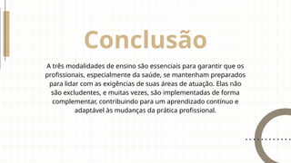 Conclusão
A três modalidades de ensino são essenciais para garantir que os
profissionais, especialmente da saúde, se mantenham preparados
para lidar com as exigências de suas áreas de atuação. Elas não
são excludentes, e muitas vezes, são implementadas de forma
complementar, contribuindo para um aprendizado contínuo e
adaptável às mudanças da prática profissional.
 