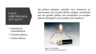 O QUE
APRENDEMOS
ATÉ AQUI!?
• Conceito de
eletrodinâmica;
• Corrente elétrica;
• Tensão elétrica.
Na prática podemos entender esse fenômeno ao
observarmos um circuito elétrico simples, constituído
por um gerador (pilha), um consumidor ou receptor
elétrico (lâmpada) e um condutor (fio metálico).
Figura 2: Circuito simples.
Fonte: Inovar ciências da natureza, 8º ano.
4
 