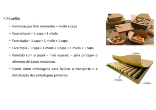• Papelão
• Formadas por dois elementos – miolo e capa
• Face simples – 1 capa + 1 miolo
• Face dupla – 1 capa + 1 miolo + 1 capa
• Face tripla - 1 capa + 1 miolo + 1 capa + 1 miolo + 1 capa
• Parecido com o papel – mais espesso – para proteger o
alimento de danos mecânicos
• Usada como embalagens para facilitar o transporte e a
distribuição das embalagens primárias
 