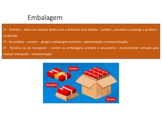 Embalagem
1ª - Primária – entra em contato direto com o alimento e/ou bebida – contém , armazena e protege o produto –
contenção
2ª - Secundária – contem – abriga a embalagem primária – apresentação e comercialização
3ª - Terciária ou de transporte – contem as embalagens primária e secundária – normalmente utilizada para
realizar transporte – movimentação
 