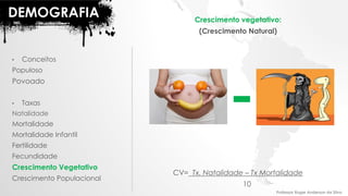 DEMOGRAFIA
• Conceitos
Populoso
Povoado
• Taxas
Natalidade
Mortalidade
Mortalidade Infantil
Fertilidade
Fecundidade
Crescimento Vegetativo
Crescimento Populacional
CV= Tx. Natalidade – Tx Mortalidade
10
Crescimento vegetativo:
(Crescimento Natural)
Professor Roger Anderson da Silva
 