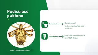 Inseto Phthirus pubis (chato)
Transmissão
Contato sexual
Tratamento
Local com medicamentos e
com 100% de cura
Vestimentas, toalhas, vaso
sanitário...
 